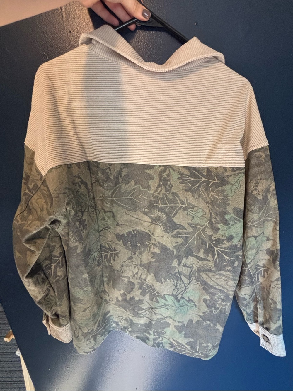 Denim Leaf Camo Print Utility Jacket with Cream Corduroy Collar - Picture 2 of 3